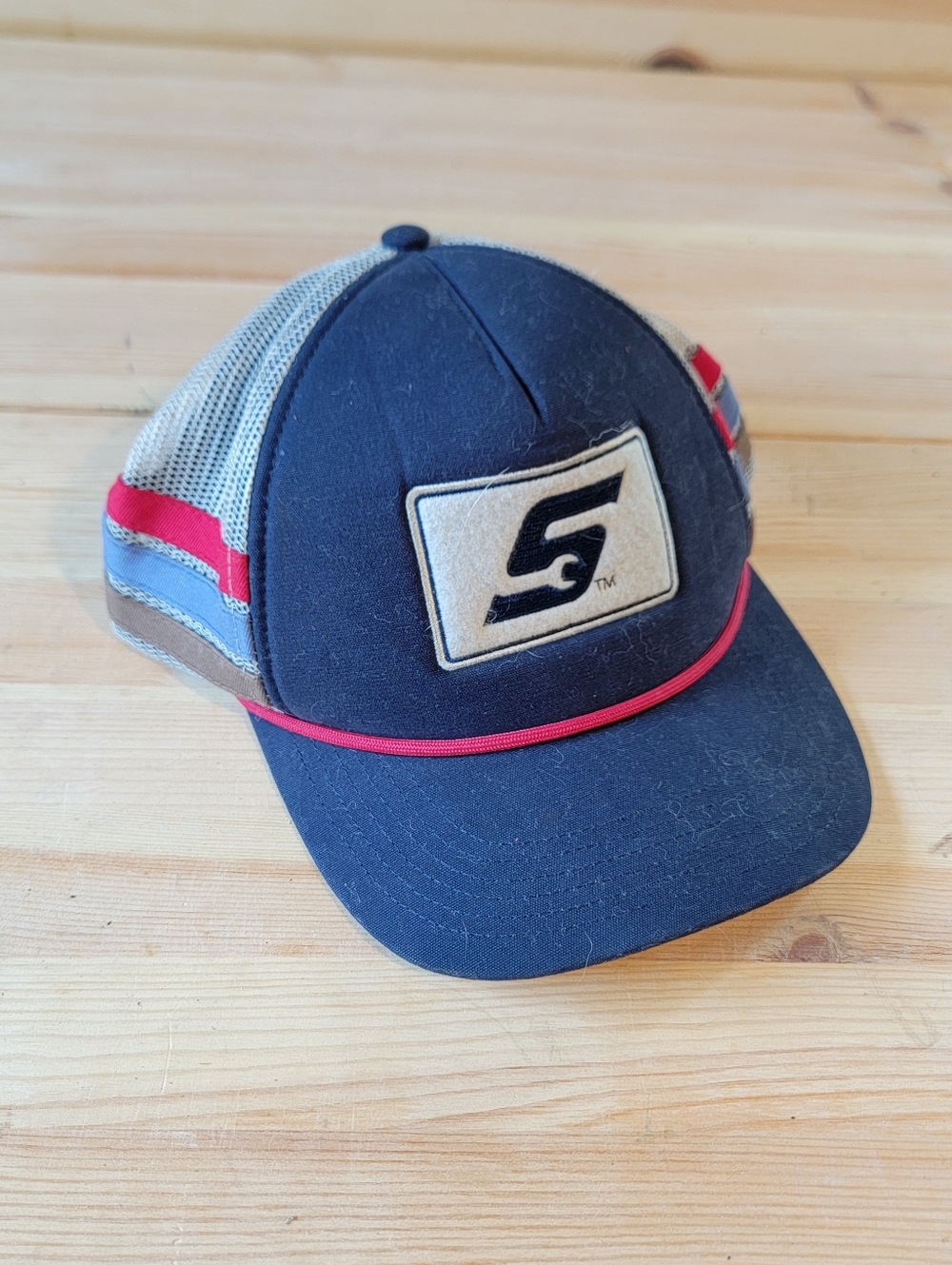 Snapback Snap-On Trucker Hat with Logo Front' Patch - Navy & Gray with Red Trim